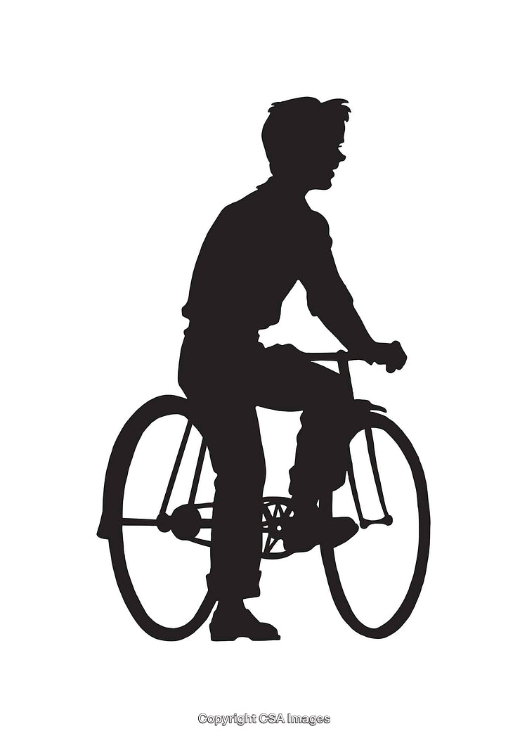 Black and White Silhouette of Boy Riding a Vintage Bicycle