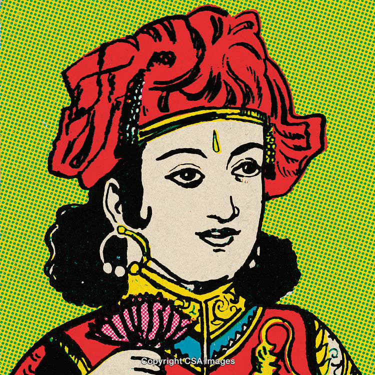 Vibrant Pop Art Illustration of a Traditional Figure with Decorative Details