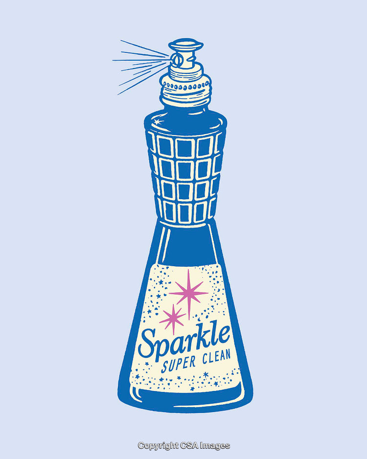 Retro Style Blue Cleaning Spray Bottle Illustration with Label