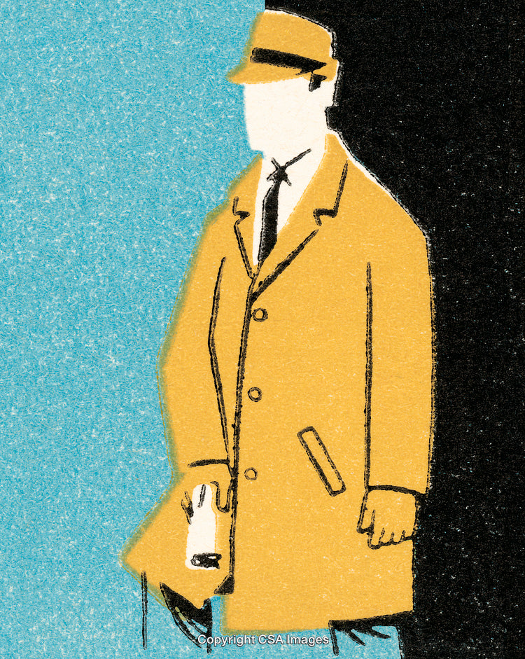 Vintage Illustrated Scene of a Mysterious Figure in a Yellow Coat