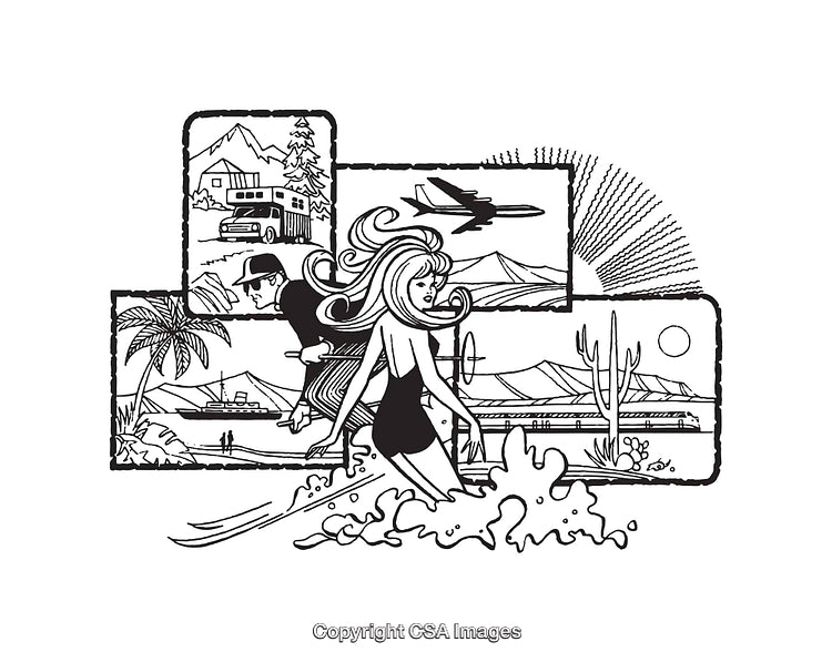 Vintage Line Art Illustrations Depicting Travel, Adventure, and Relaxation Scenes