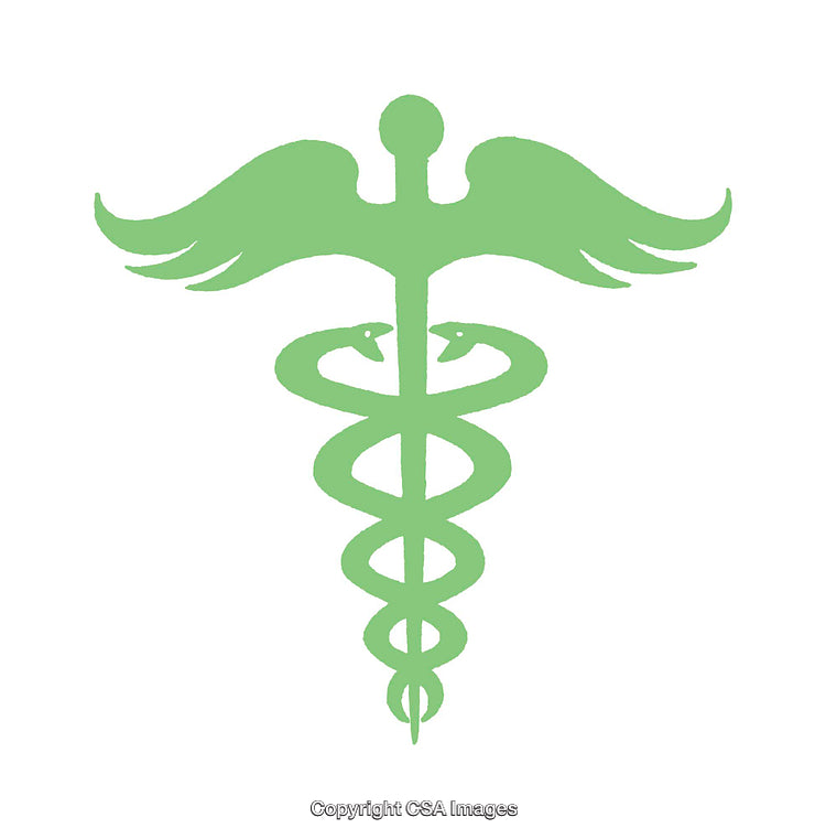 Green Medical Symbol with Serpents and Wings Icon on White Background