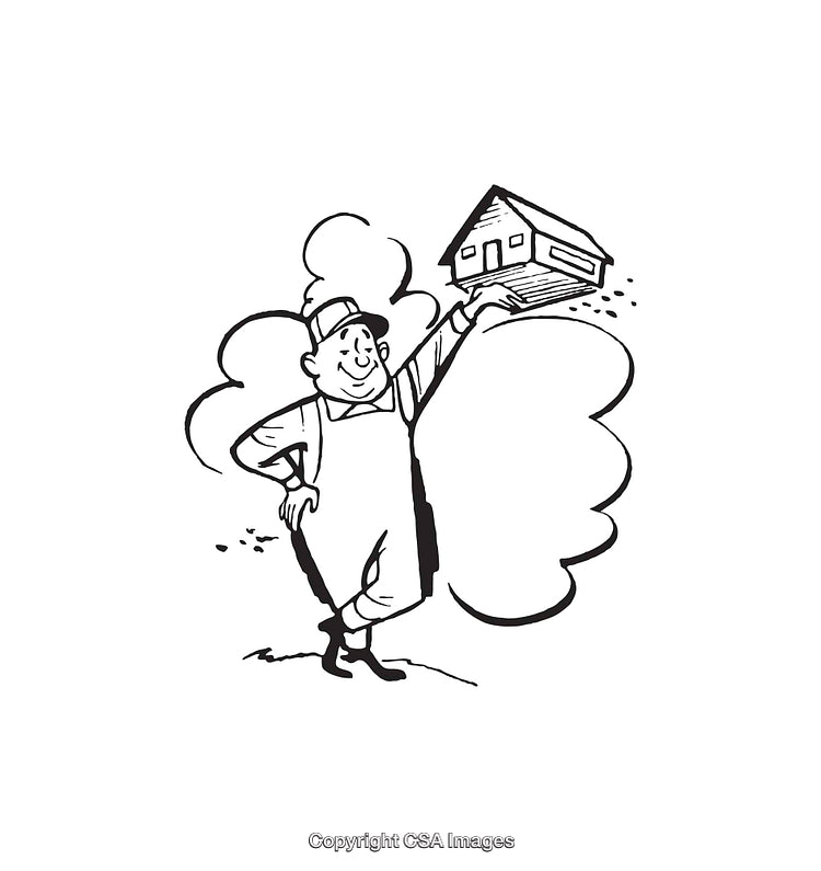 Black and White Cartoon of a Cheerful Man Holding a House Figurine