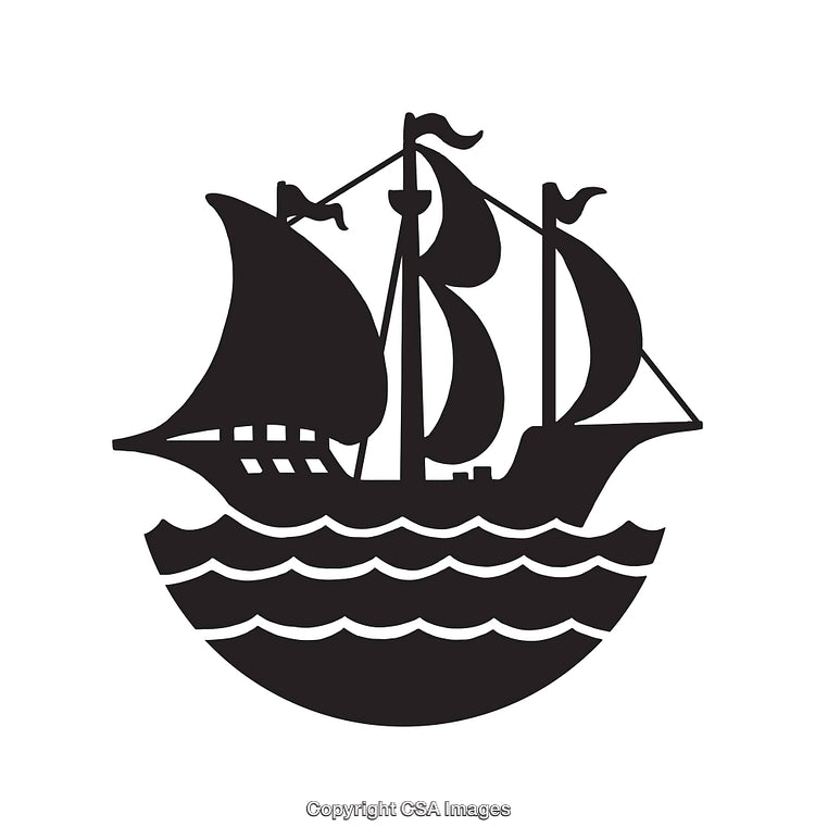 Black And White Line Art Illustration of a Sailing Ship on Ocean Waves