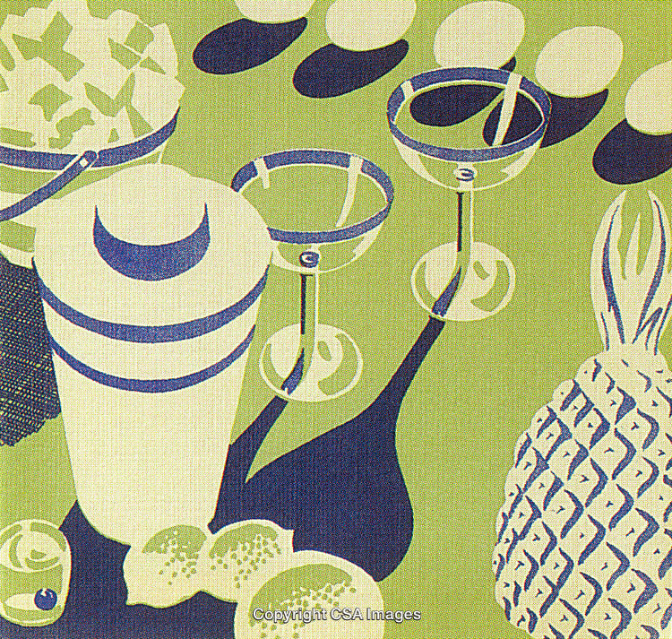 Retro Styled Cocktail Party Scene With Fruits and Barware in Vibrant Colors