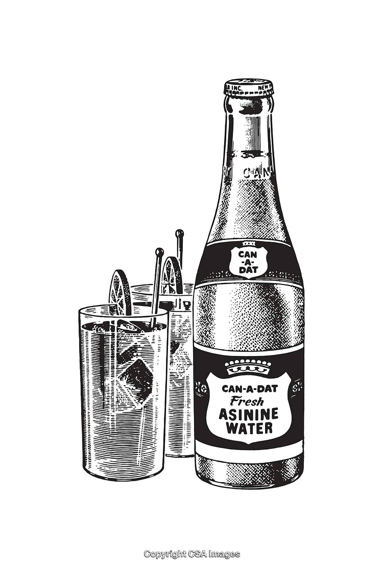 Black and White Line Art of Beverage Bottle and Glasses