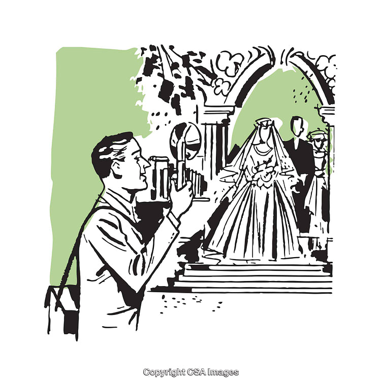 Vintage Illustration of Photographer Capturing Bride and Groom's Wedding Moment