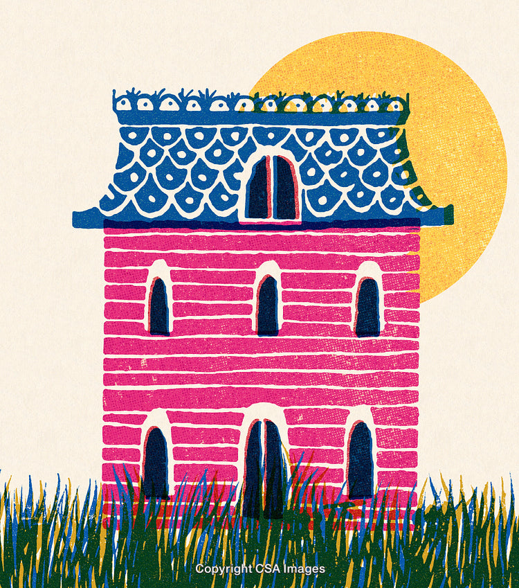 Colorful Illustrated House Design with Grass and Bright Circular Sun