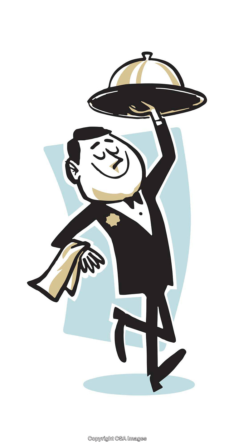 Retro Cartoon Illustration of a Smiling Waiter Holding a Tray