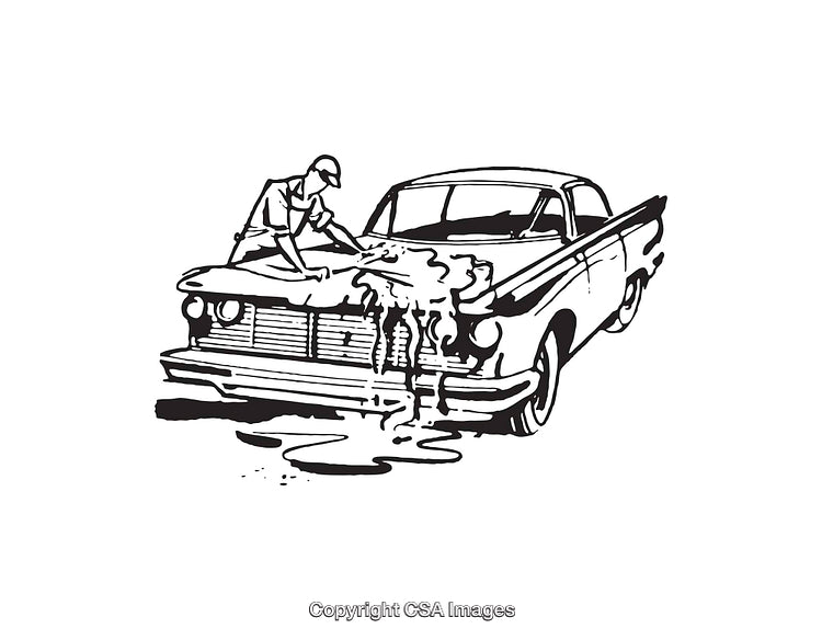 Vintage Line Art Illustration of a Man Washing a Classic Car