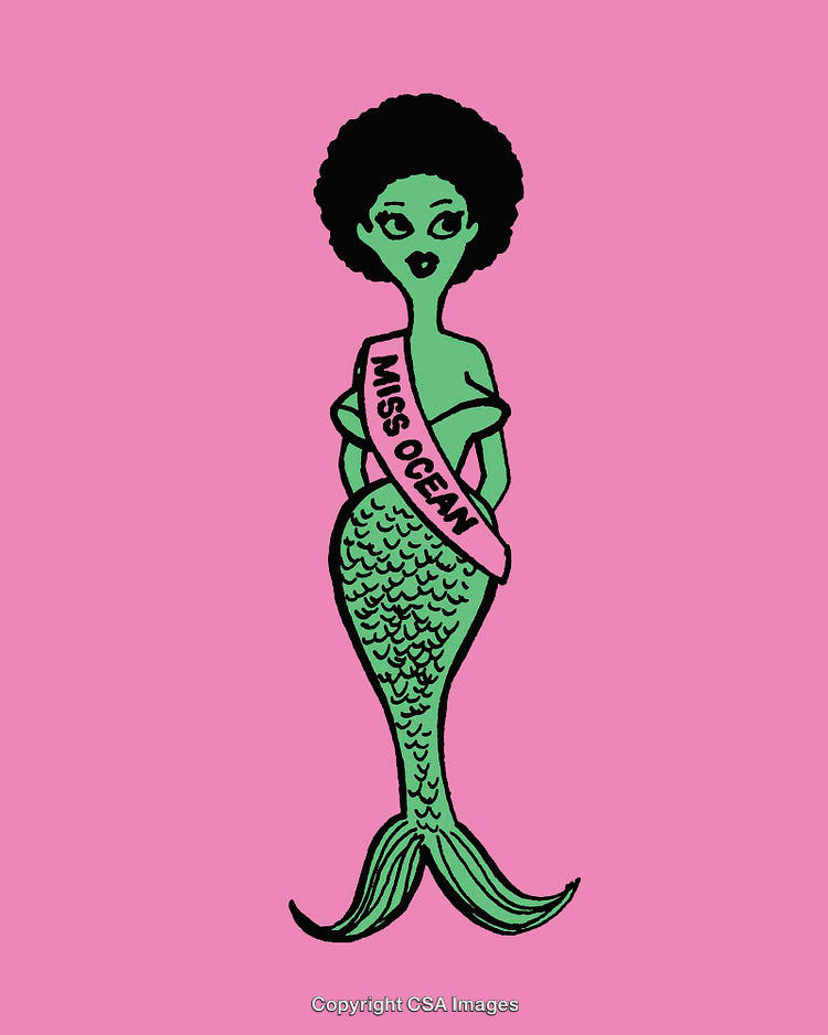 Colorful Mermaid Illustration Featuring Miss Ocean on a Pink Background