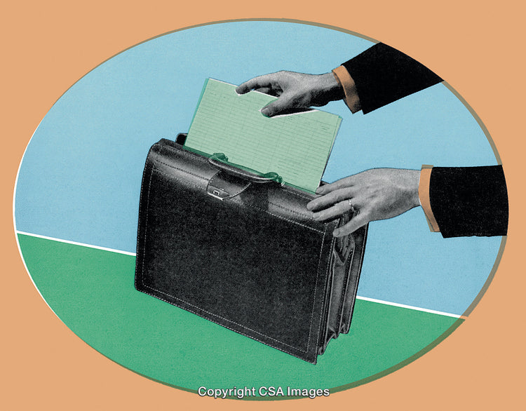 Vintage Styled Hands Placing Document in Leather Briefcase on Geometric Background
