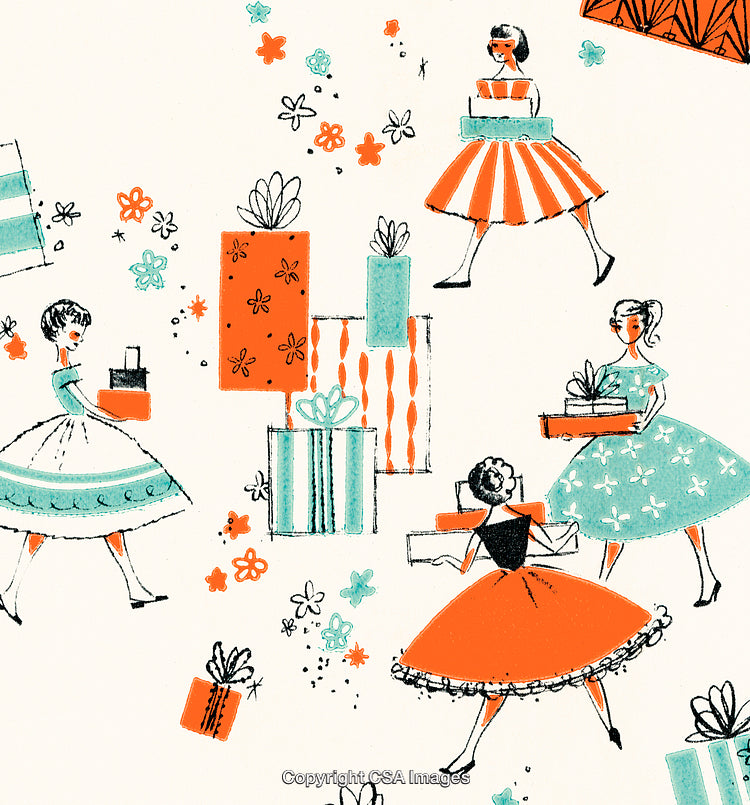 Whimsical Retro Gift Giving Scene with Colorful Illustrations of Women in Dresses