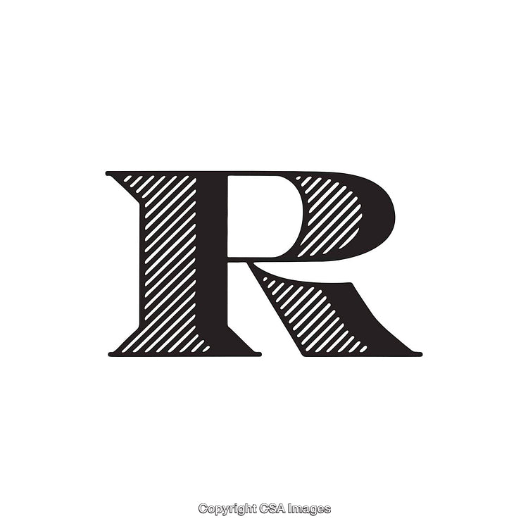 Bold Stylized Letter R with Diagonal Stripes in Black and White