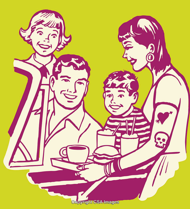 Retro Family Receiving Drive-In Diner Service from Waitress Scene