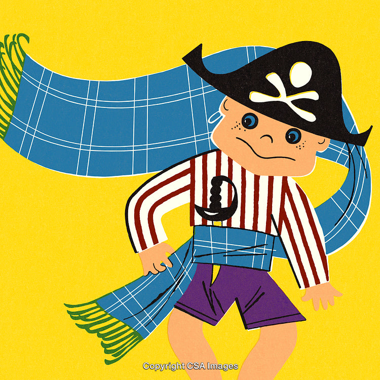 Colorful Illustration of a Child in a Pirate Costume with Scenic Elements