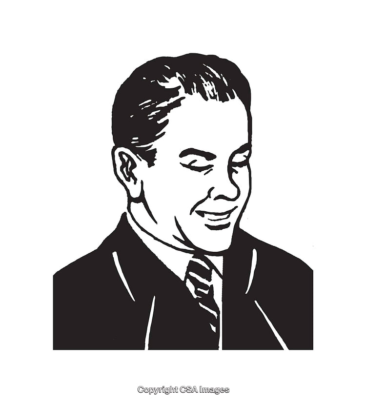Black and White Illustration of Smiling Man in Formal Business Attire