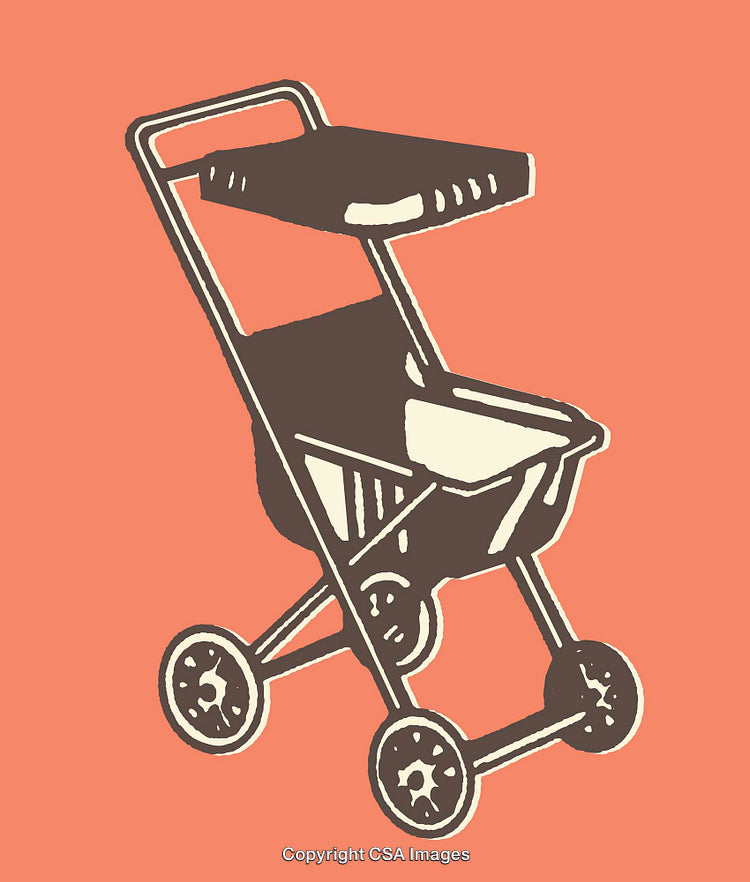 Vintage Stroller Illustration on a Coral Background in Retro Style