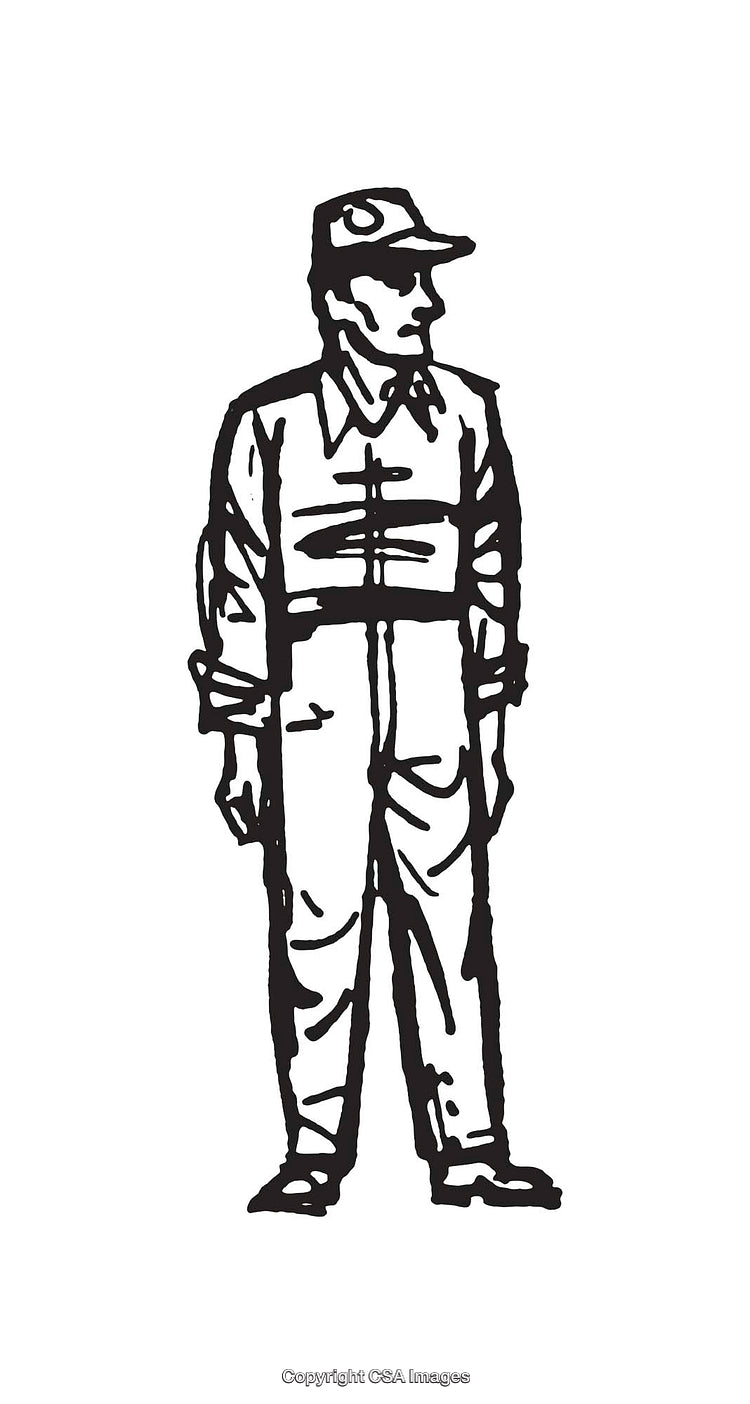 Black and White Line Art Drawing of Standing Person in Uniform