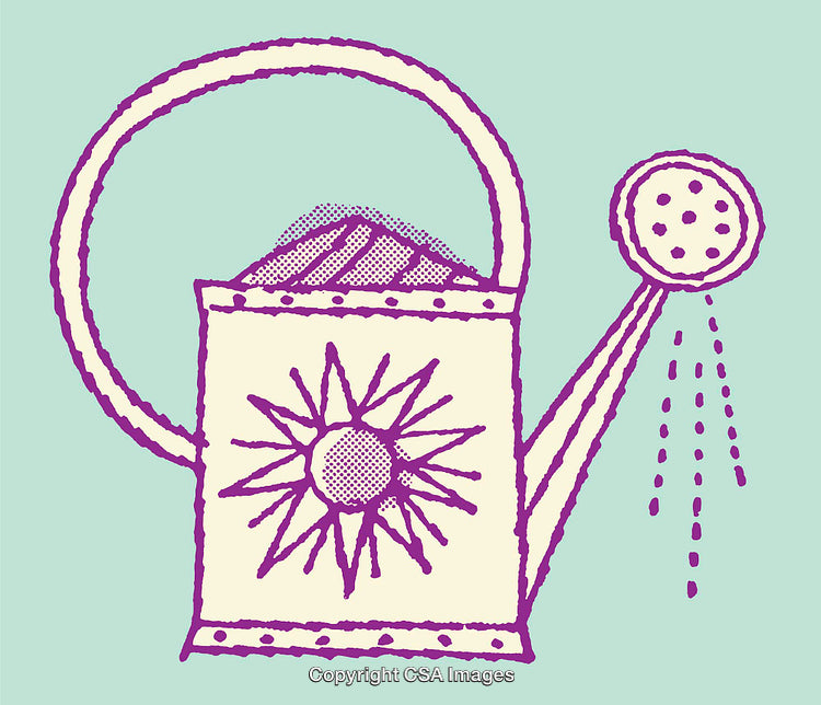 Rustic Watering Can with Sun Design and Flowing Water in Line Art