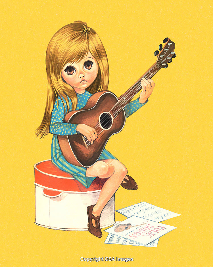 Young Girl Playing Acoustic Guitar Sitting on a Stool in Vintage Style