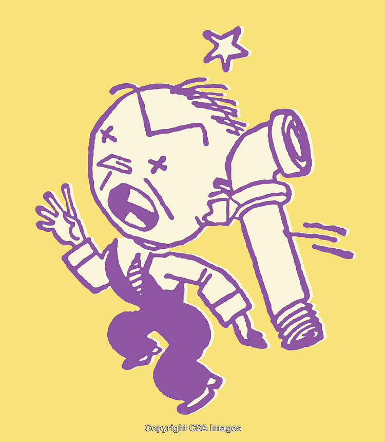 Whimsical Cartoon of Surprised Character with Vibrant Yellow and Purple Accent