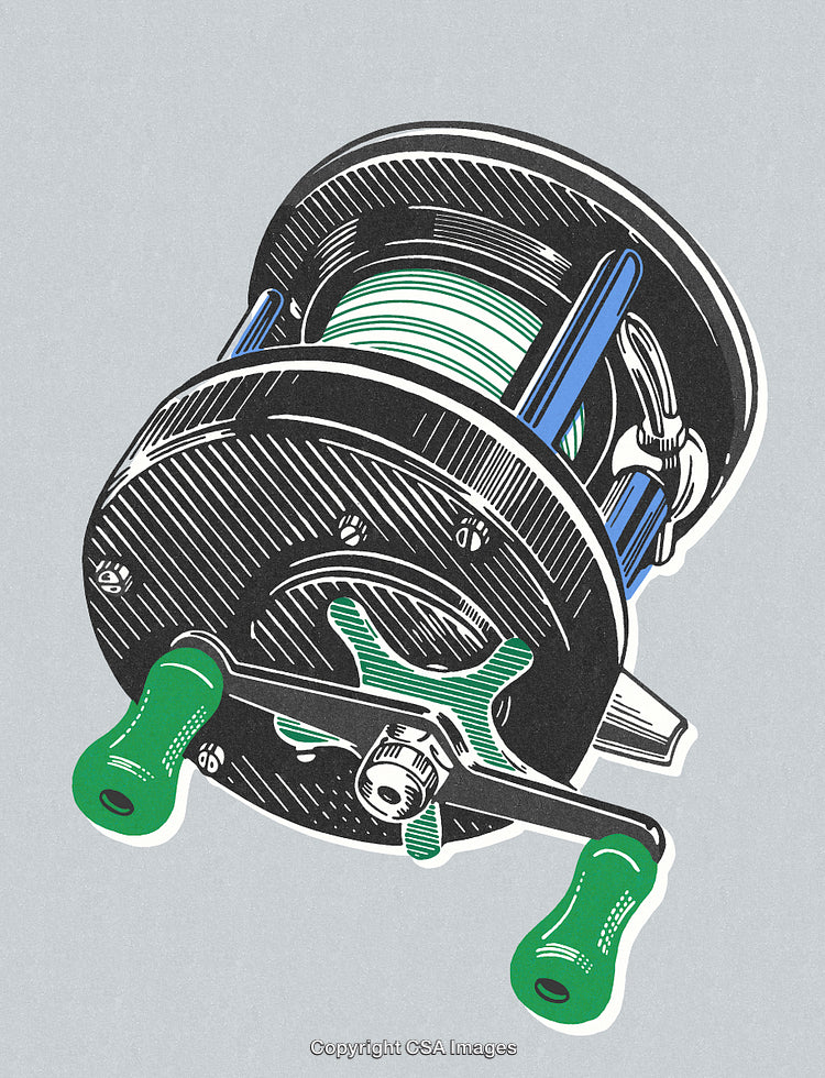 Detailed Illustration of a Fishing Reel with Green and Blue Accents