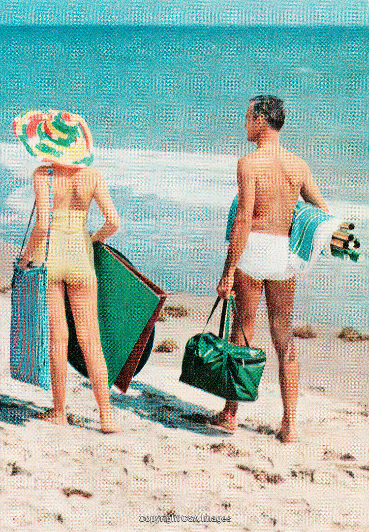 Retro Beach Scene with a Couple Enjoying the Sunny Ocean View