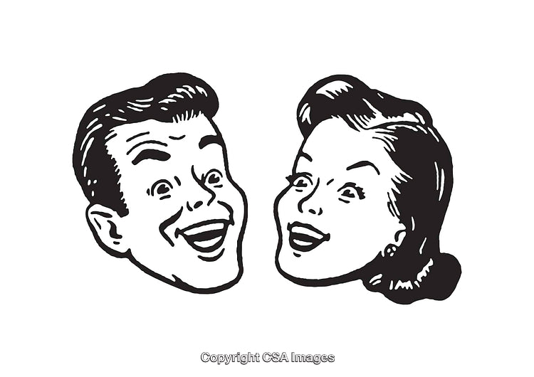 Retro Black and White Illustration of a Smiling Man and Woman