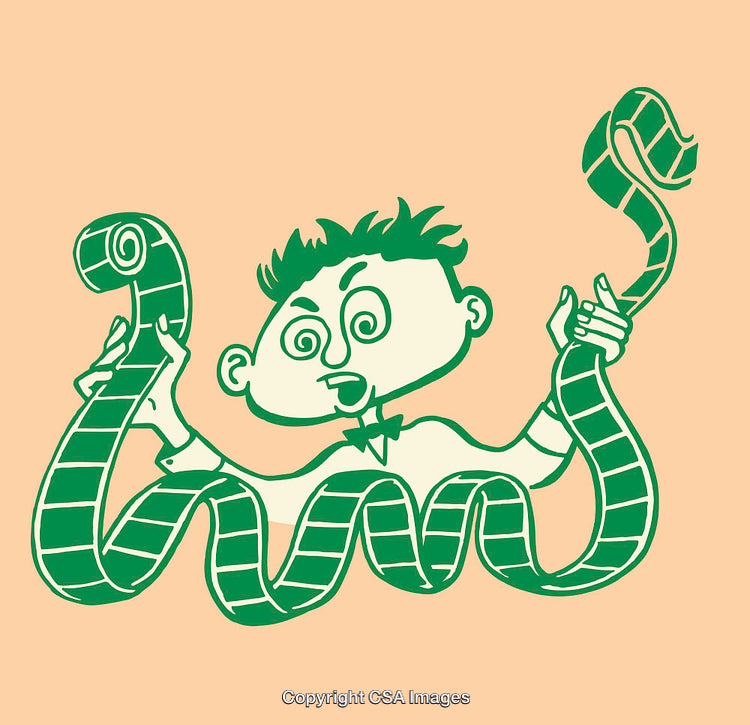 Cartoon Character Holding Film Strip in Funny Line Art Style