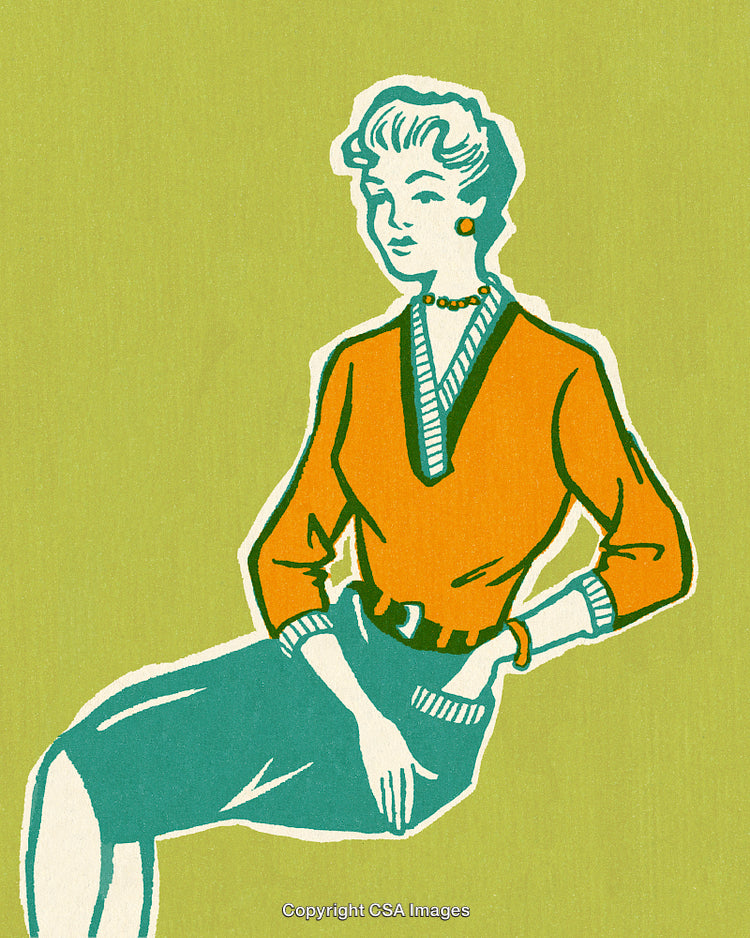 Vintage Illustration of a Woman in Retro Fashion on a Green Background