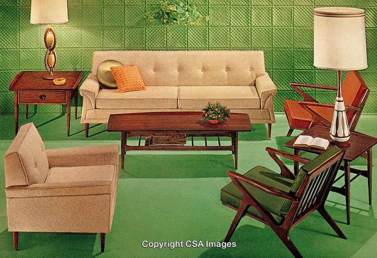 Mid-Century Modern Living Room with Stylish Furniture and Retro Green Accents