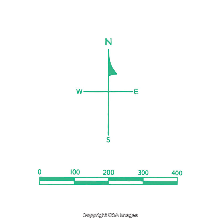 Minimalist Green Diagram With Compass Directions and Scale Indicator