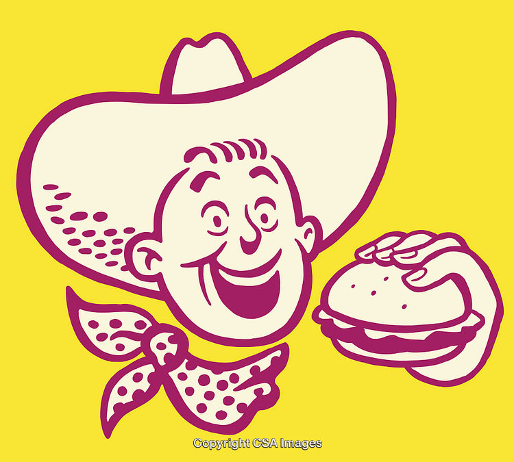 Smiling Cartoon Figure in Hat Holding a Cheeseburger on Yellow Background