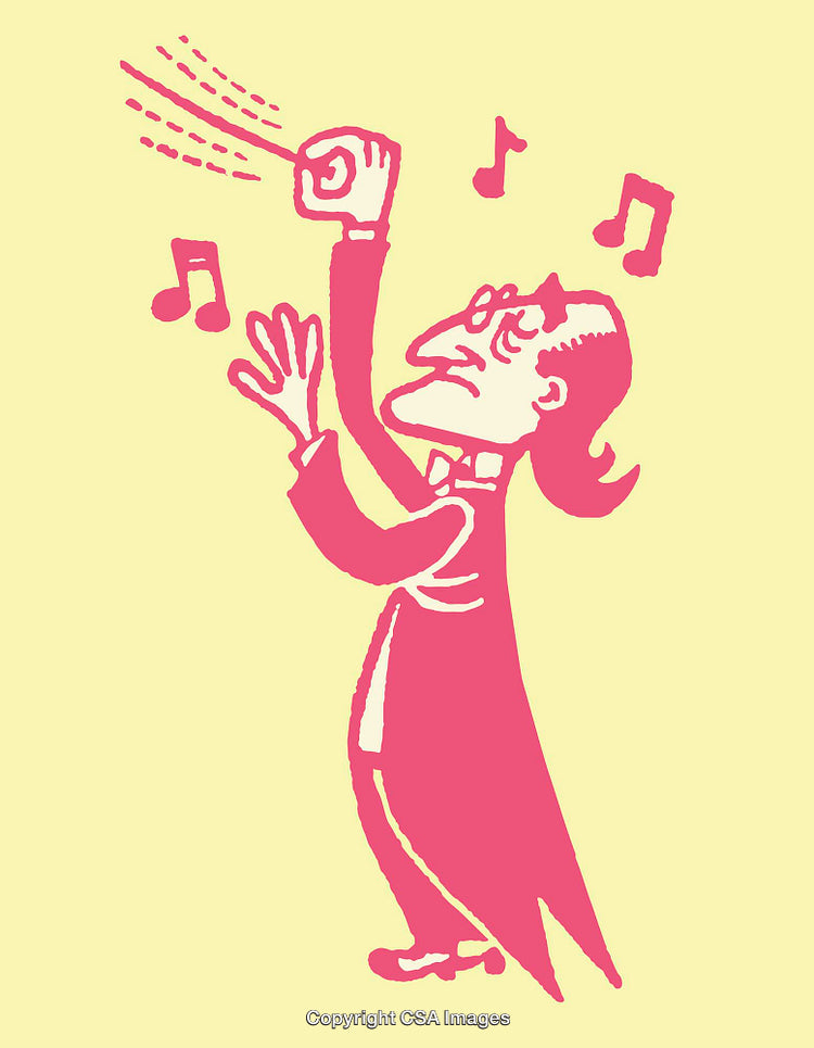 Illustrated Maestro Conducting Music with Energetic Gesture and Notes