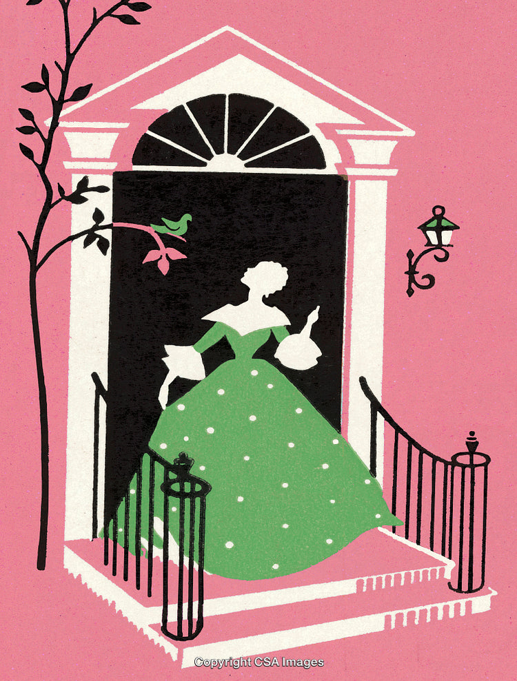 Elegant Victorian Woman in Green Dress Leaving Mansion Doorstep Illustration