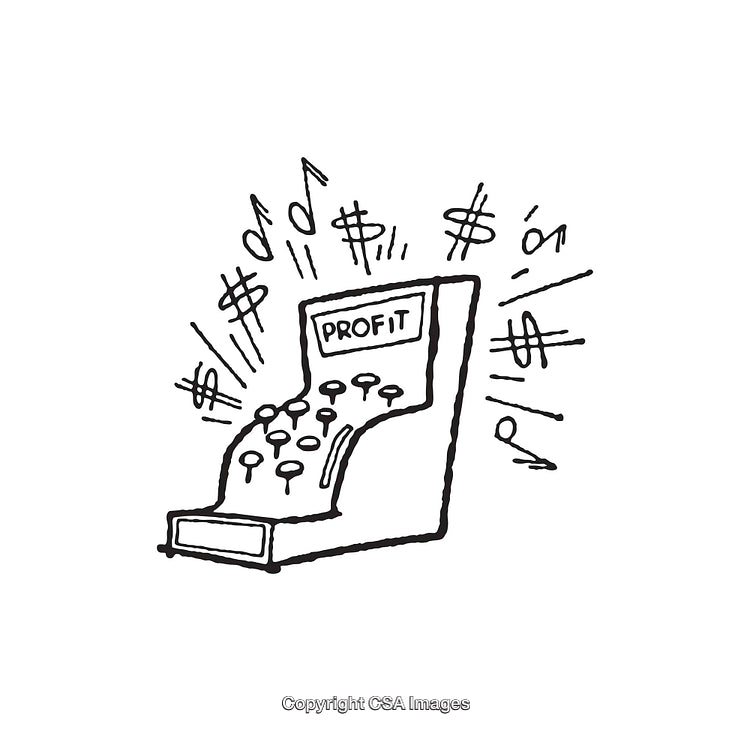 Black and White Line Art Illustration of Cash Register with Profit Symbol