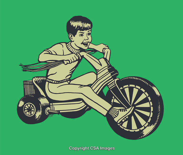 Vintage Color Illustration of Boy Riding a Toy Tricycle