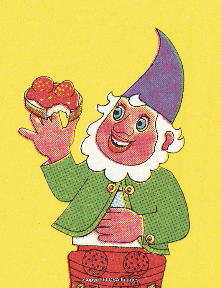 Cheerful Cartoon Gnome Holding Fruit Basket on Vibrant Yellow Background