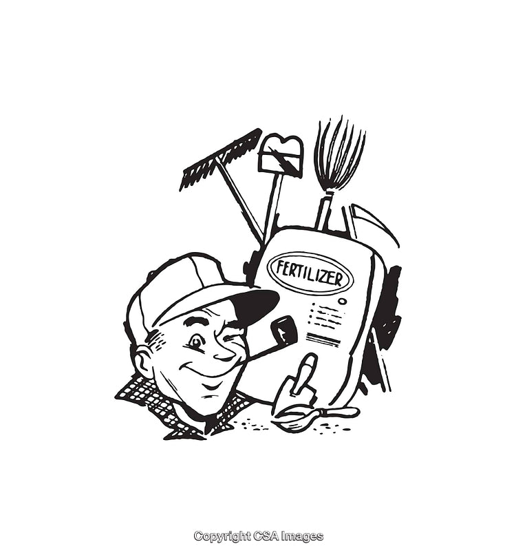 Retro Black And White Line Art Depicting Gardening Tools and Fertilizer