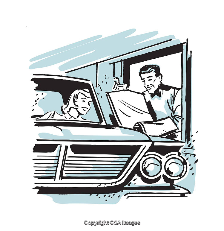 Retro Illustration of a Drive-Through Experience with Car Service