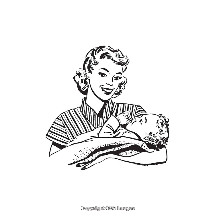 Black and White Illustration of Mother Holding Her Baby in Arms