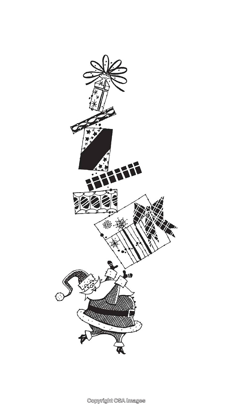 Stylized Line Art Drawing of Santa Balancing Christmas Presents
