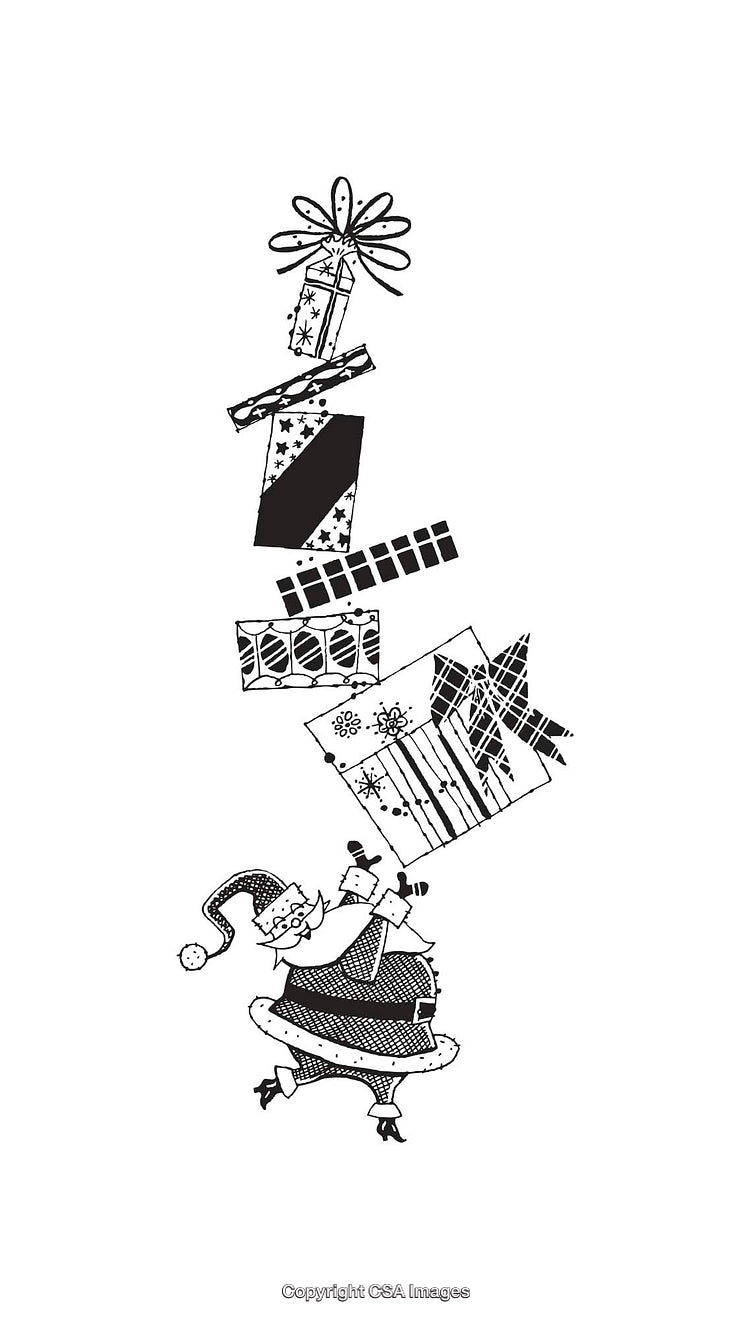 Stylized Line Art Drawing of Santa Balancing Christmas Presents