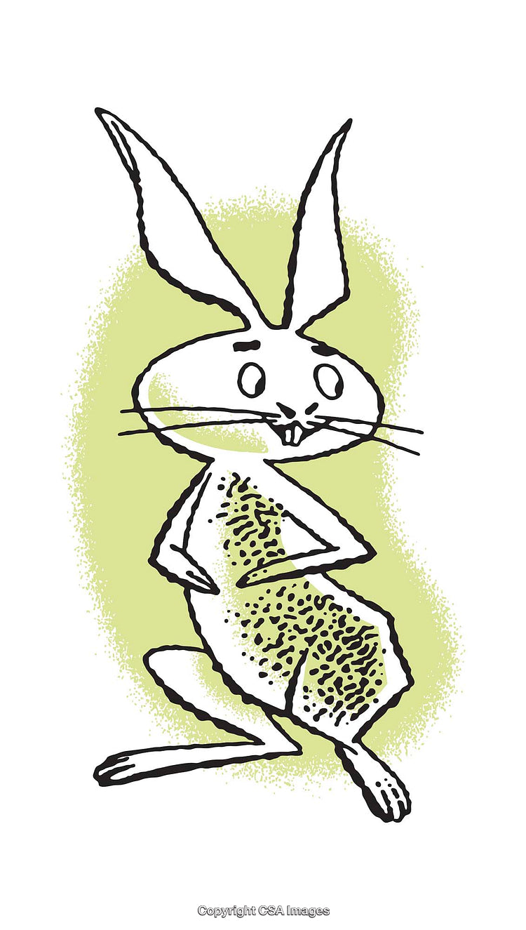 Whimsical Cartoon Rabbit Drawing on Bright Green Background