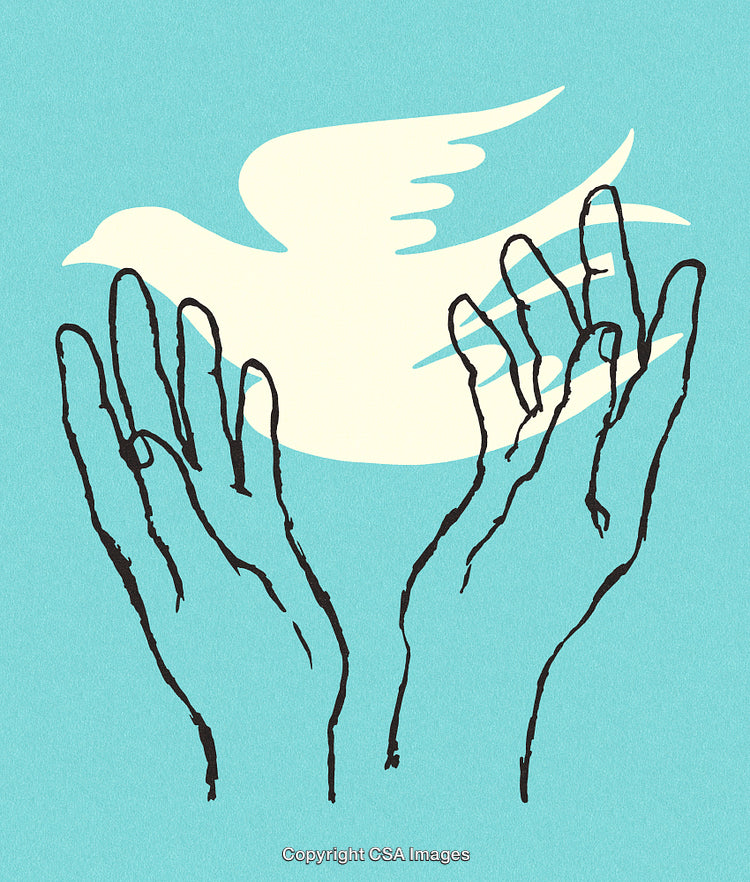 Outlined Hands Releasing White Dove on Blue Background