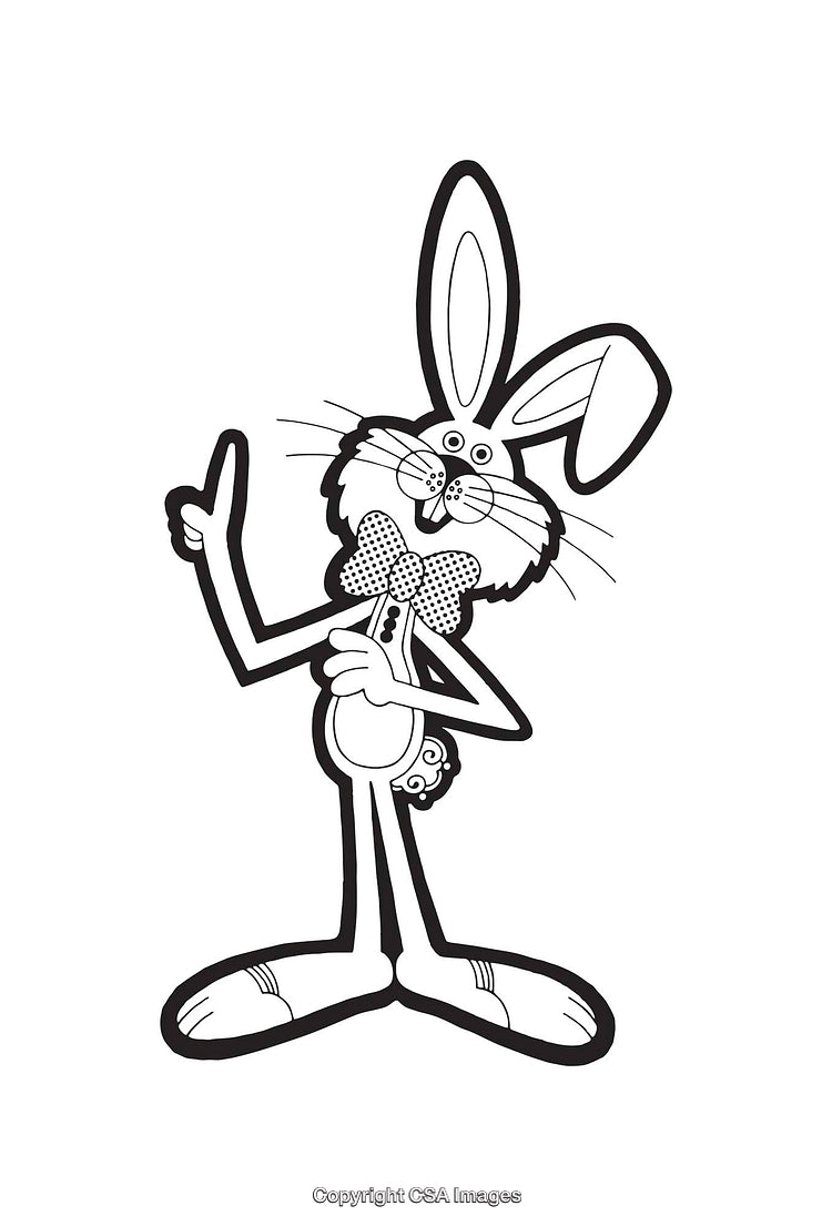 Black and White Line Art of a Cheerful Cartoon Rabbit