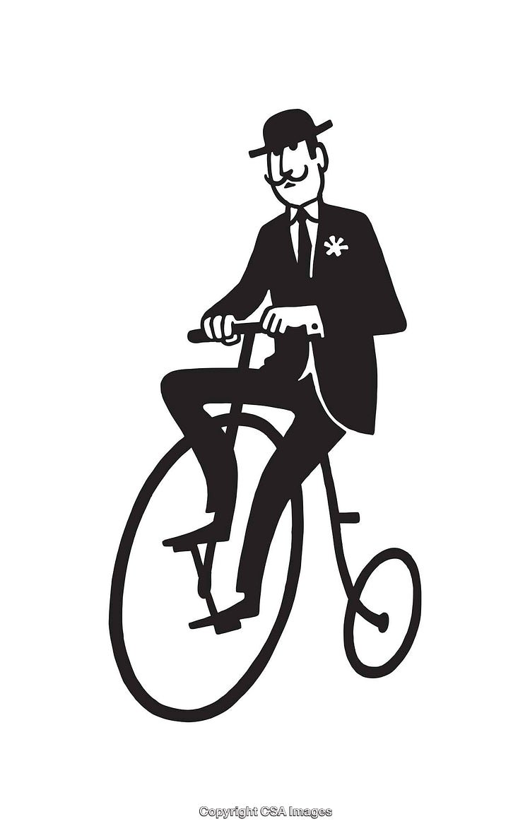 Vintage Gentleman Riding a Classic Penny Farthing Bicycle in Line Art Style