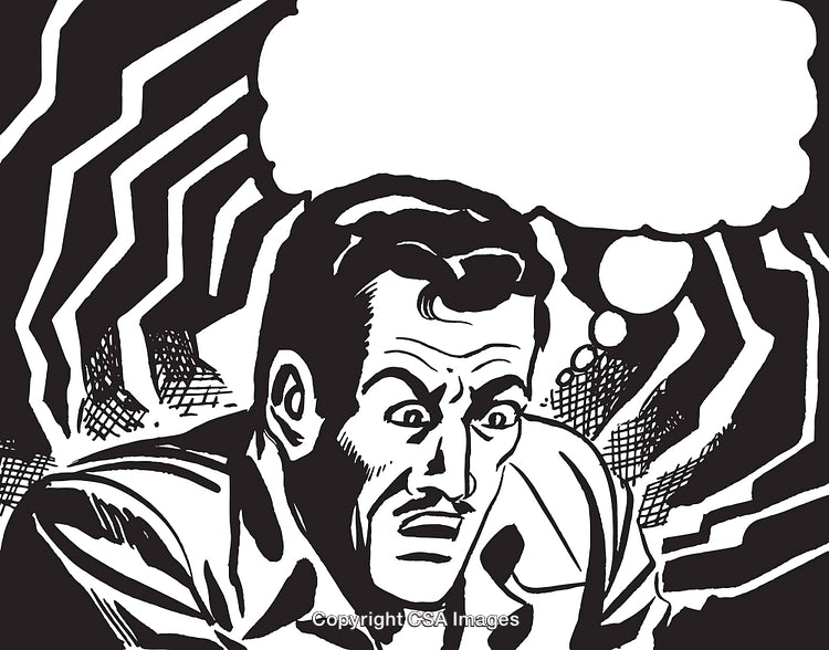 Retro Comic Style Illustration Featuring a Surprised Man with Thought Bubble