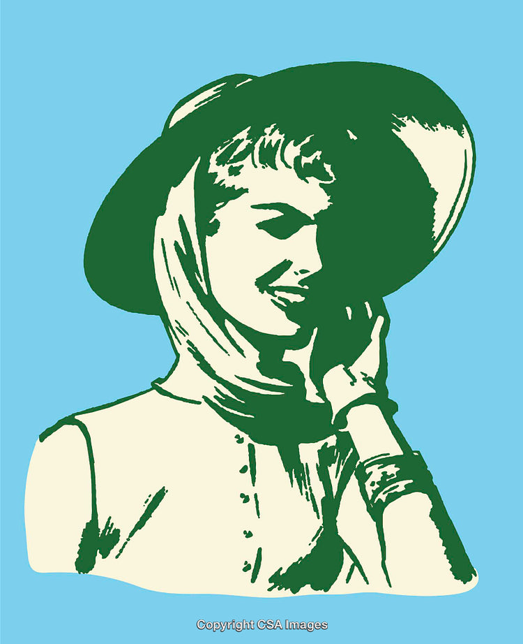 Vintage Style Illustration of a Woman Wearing a Hat and Headscarf